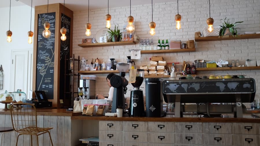An independent café's counter and shelves, owner-operated and full of character